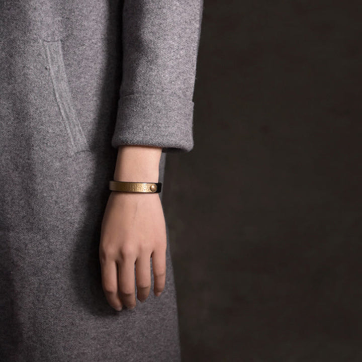 Buddha Stones Vintage Handmade Texture Copper Brass Leather Wealth Bracelet Bangle - image 21