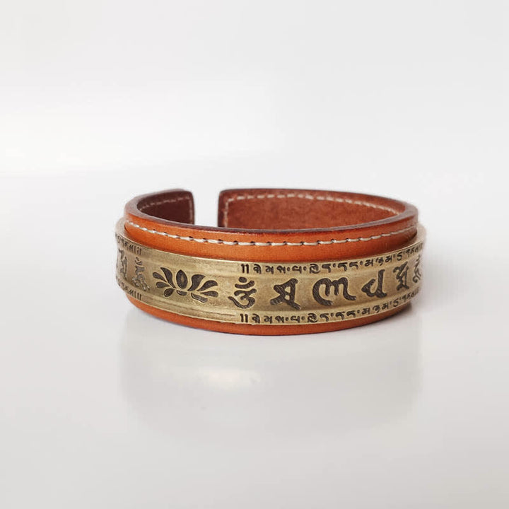 Buddha Stones 2Pcs Om Mani Padme Hum Dragon Phoenix Copper Leather Peace Cuff Bracelet Bangle - Lotus&Om Mani Padme Hum - image 8