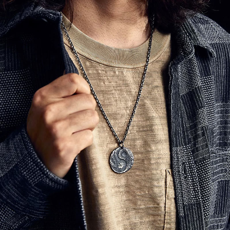 Buddha Stones 990 Sterling Silver Yin Yang Hammer Texture Harmony Necklace Pendant - image 6