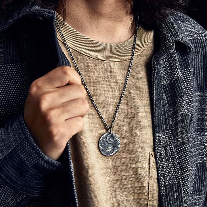 Buddha Stones 990 Sterling Silver Yin Yang Hammer Texture Harmony Necklace Pendant - image 6