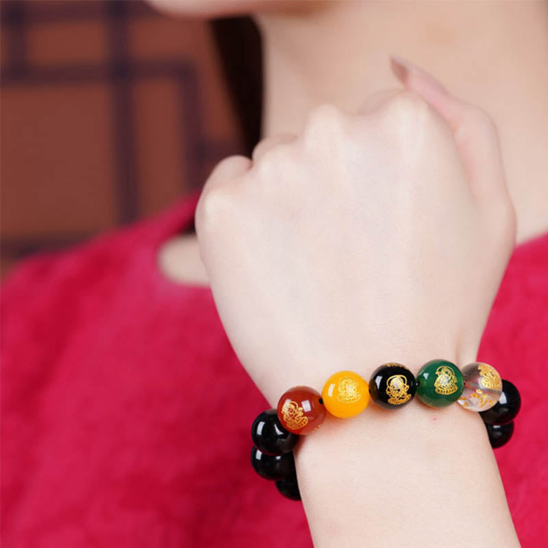 Buddha Stones Gold Sheen Obsidian Rainbow Obsidian Black Obsidian Five Directions Gods of Wealth Bracelet