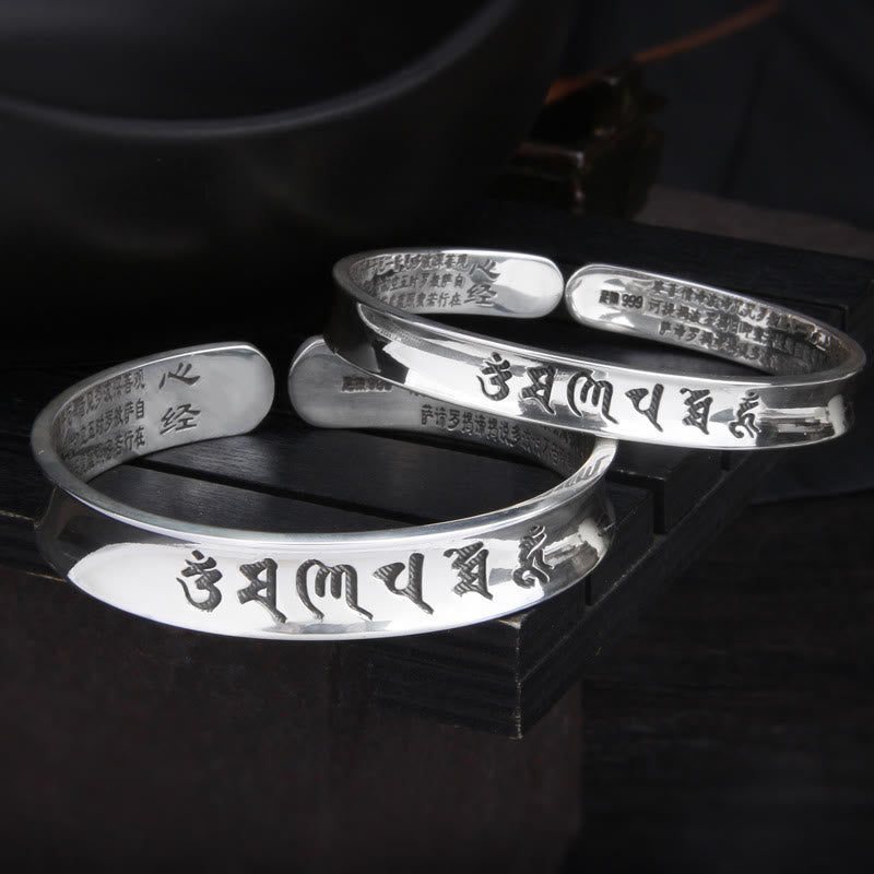 Buddha Stones 999 Sterling Silver Om Mani Padme Hum Heart Sutra Love Peace Bracelet Bangle - image 1