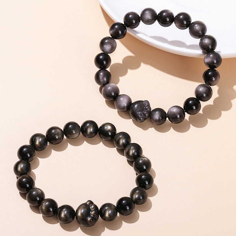 Buddha Stones Natural Gold Sheen Obsidian Silver Sheen Obsidian Cute Cat Paw Claw Wealth Bracelet - image 2