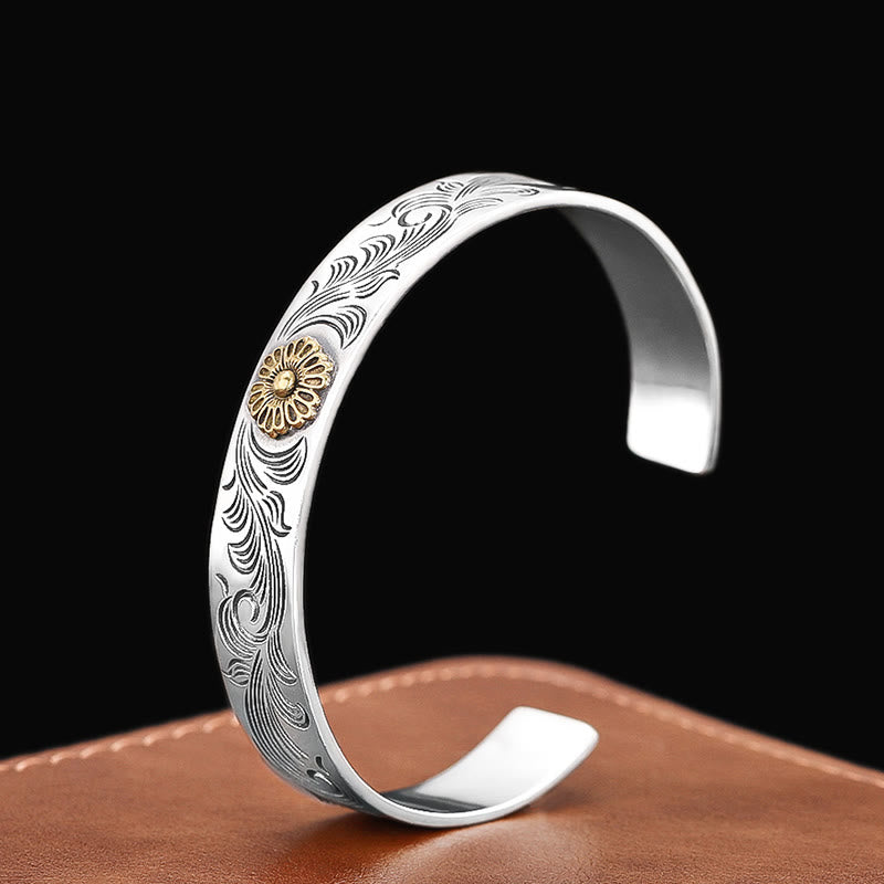 Buddha Stones Tang Dynasty Flower Design Rose Flower Feather Carved Copper Luck Bracelet Bangle - Tang Dynasty Flower Design(Luck♥Vibrant)(Wrist Circumference 15-17cm) - image 1