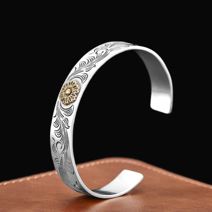 Buddha Stones Tang Dynasty Flower Design Rose Flower Feather Carved Copper Luck Bracelet Bangle - Tang Dynasty Flower Design(Luck♥Vibrant)(Wrist Circumference 15-17cm) - image 1