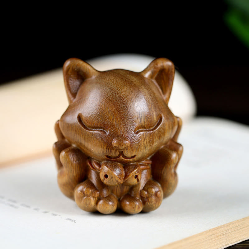 Buddha Stones Mini Nine Tailed Fox Ivory Fruit Sandalwood Green Sandalwood Blessing Decoration
