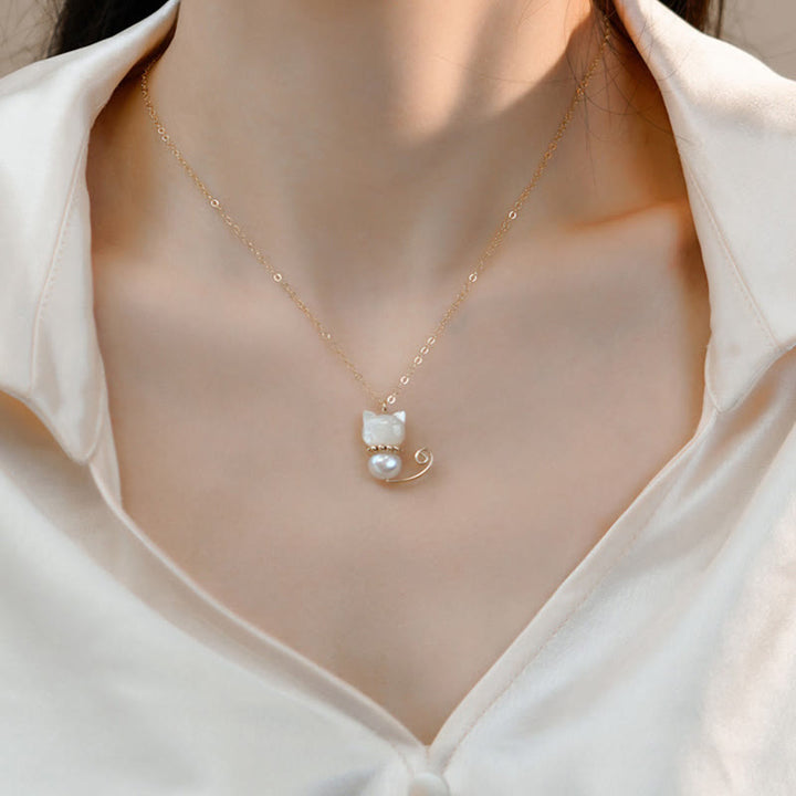 Buddha Stones 14K Gold Plated Pearl Hetian Jade Shell Luck Cat Kitten Necklace Pendant - image 4