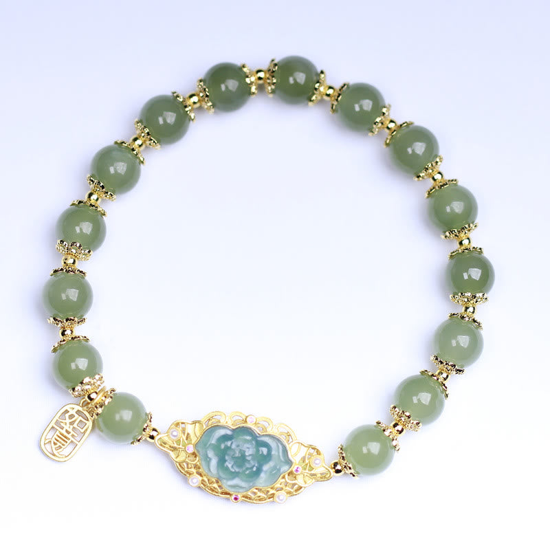 Buddha Stones 925 Sterling Silver Plated 14K Gold Hetian Jade Lotus Luck Bracelet - image 3