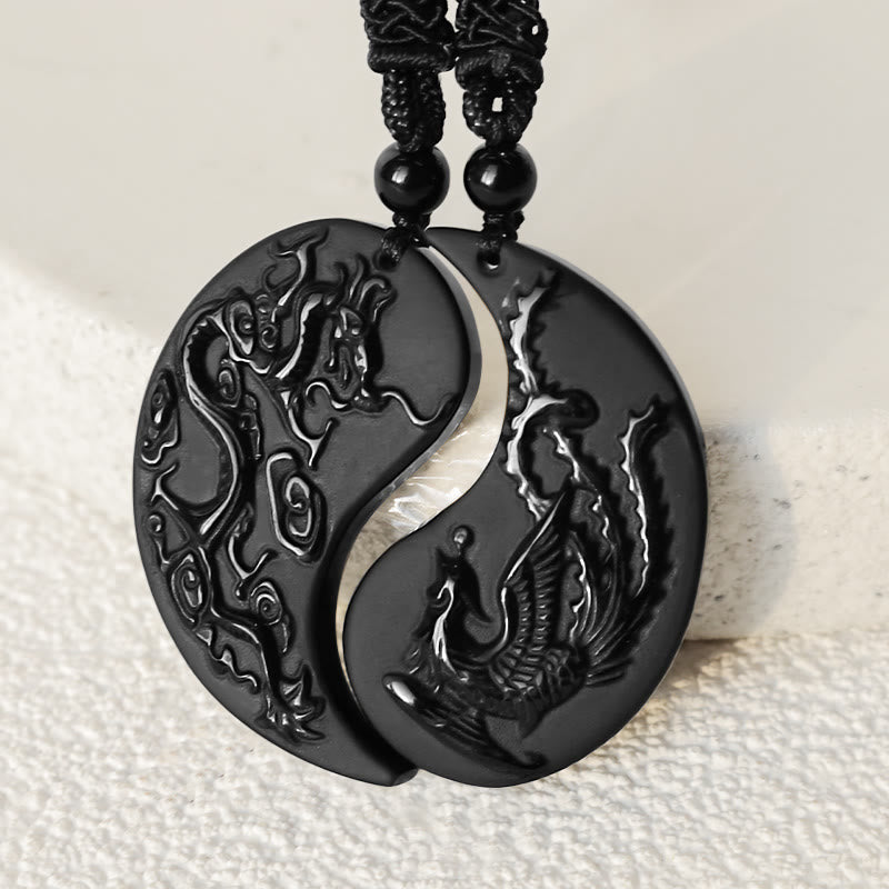 Buddha Stones Black Obsidian Yin Yang Dragon Phoenix Luck Necklace Pendant - image 3