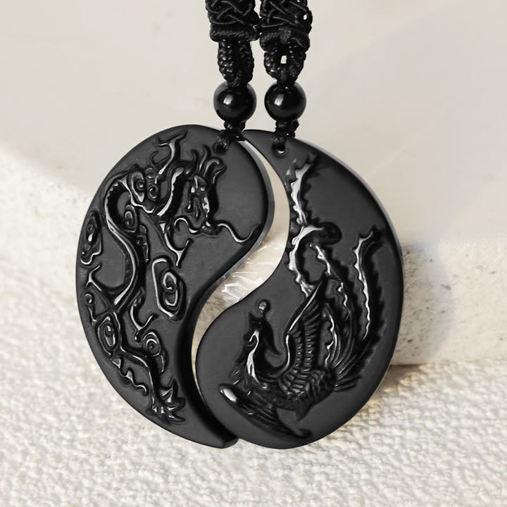 Buddha Stones Black Obsidian Yin Yang Dragon Phoenix Luck Necklace Pendant - image 3