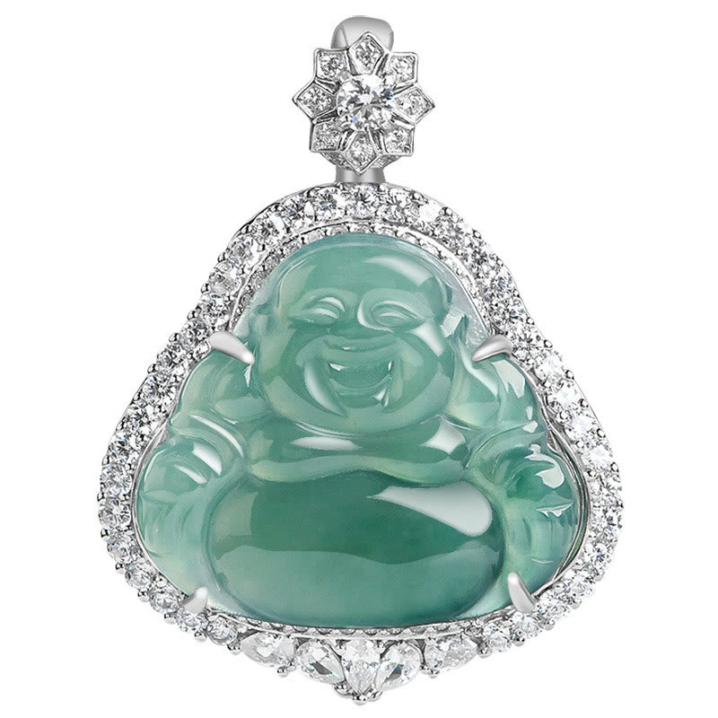 Buddha Stones 925 Sterling Silver Laughing Buddha Natural Jade Luck Abundance Chain Necklace Pendant - image 7