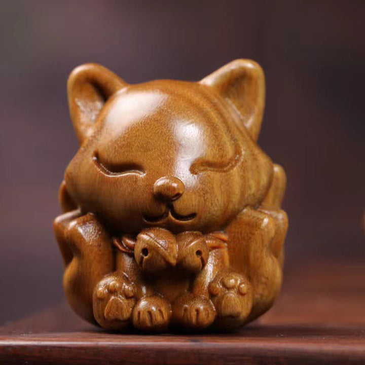 Buddha Stones Mini Nine Tailed Fox Ivory Fruit Sandalwood Green Sandalwood Blessing Decoration