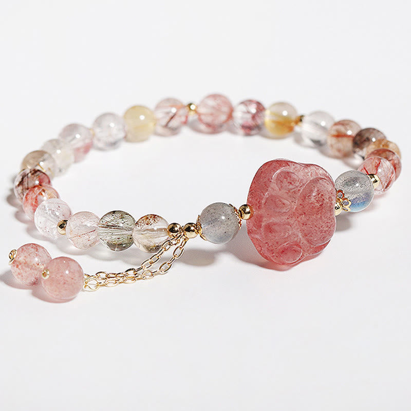 Buddha Stones Natural Strawberry Quartz Cat Paw Claw Colorful Rutilated Quartz Moonstone Love Bracelet - image 5