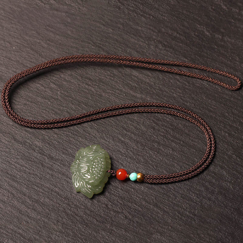 Buddha Stones Hetian Cyan Jade Lotus Flower Success Necklace Pendant - image 4