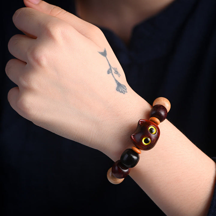 Buddha Stones Small Leaf Red Sandalwood Ebony Wood Cute Cat Engraved Protection Bracelet - image 15