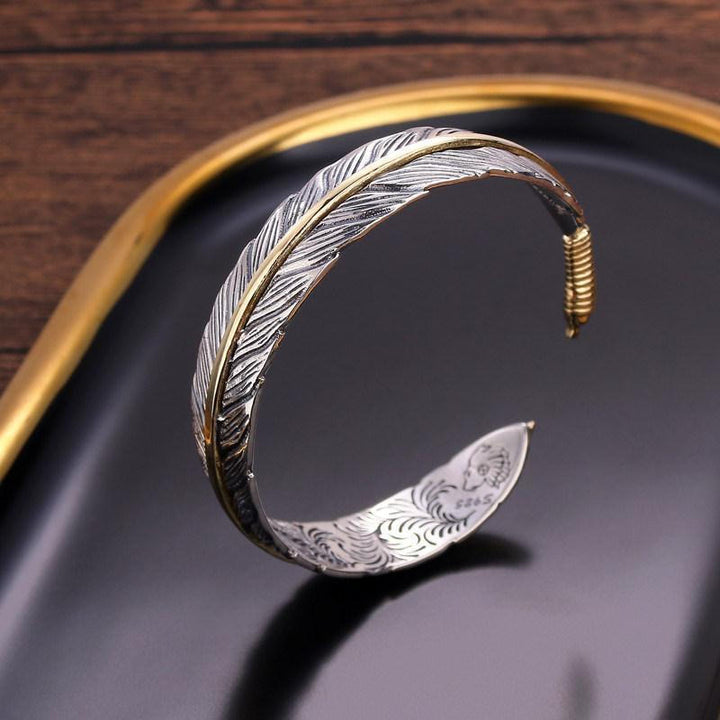 Buddha Stones Feather Pattern Carved Luck Wealth Cuff Bracelet Bangle - Feather - image 1