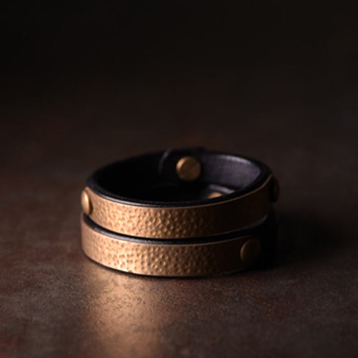 Buddha Stones Vintage Handmade Texture Copper Brass Leather Wealth Bracelet Bangle - image 19