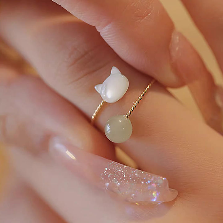 Buddha Stones Tridacna Stone Cat Head Jade Bead Blessing Ring - image 6