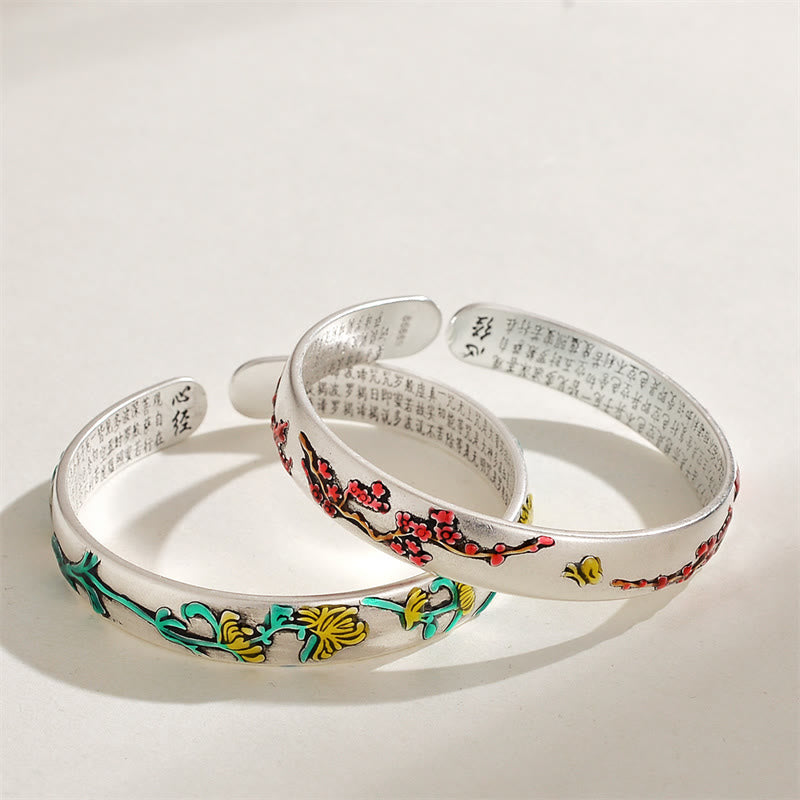 Buddha Stones Plum Blossom Chrysanthemum Flower Design Heart Sutra Healing Bracelet Cuff Bangle - image 5