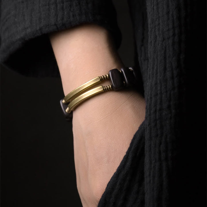 Buddha Stones Tibetan Ebony Wood Brass Copper Balance Double Layer Bracelet - image 2