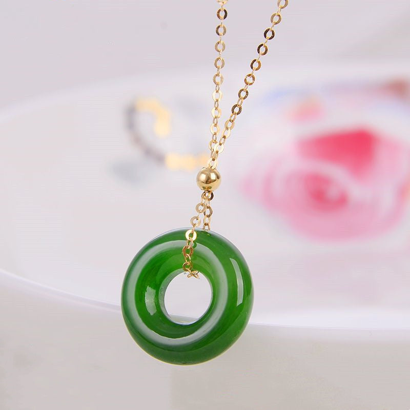 Round Cyan Jade Healing 14k Gold Plated Copper Necklace Pendant - image 3