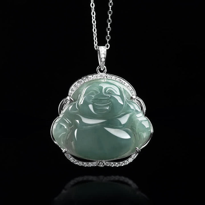 Buddha Stones 925 Sterling Silver Laughing Buddha Natural Jade Luck Necklace Chain Pendant - image 4