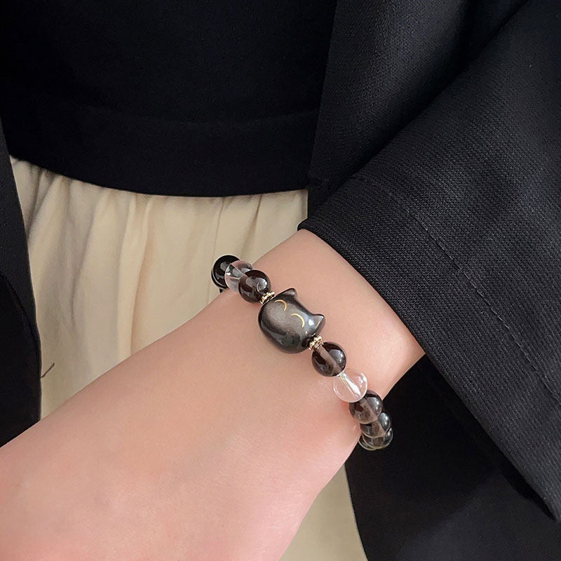 Buddha Stones Natural Ice Obsidian Silver Sheen Obsidian Cute Cat Positive Bracelet - image 5