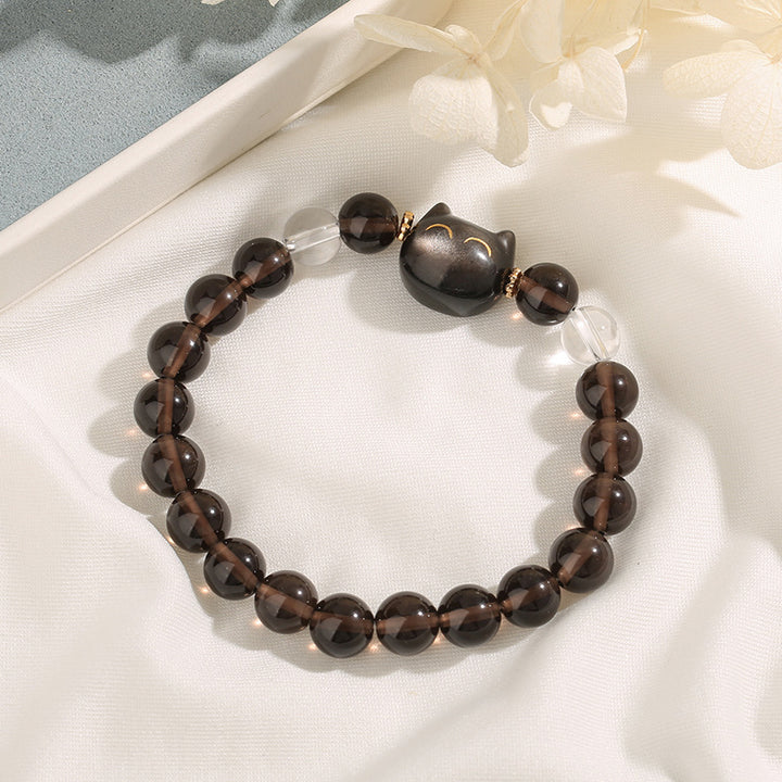 Buddha Stones Natural Ice Obsidian Silver Sheen Obsidian Cute Cat Positive Bracelet - image 3