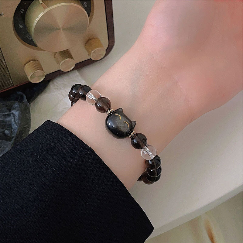 Buddha Stones Natural Ice Obsidian Silver Sheen Obsidian Cute Cat Positive Bracelet - image 4