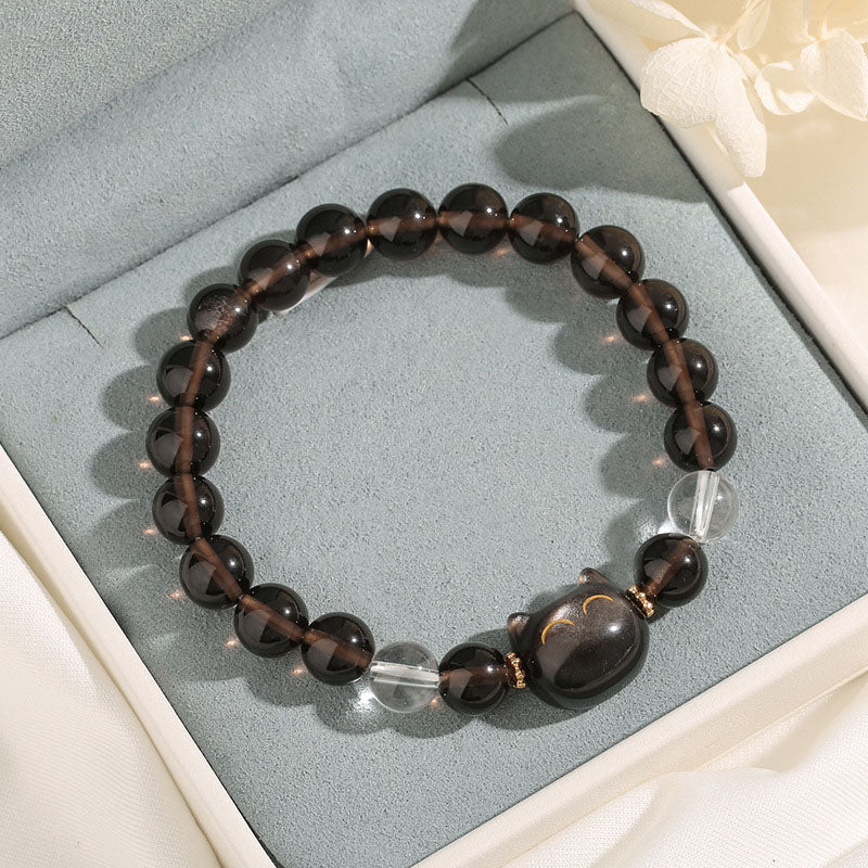 Buddha Stones Natural Ice Obsidian Silver Sheen Obsidian Cute Cat Positive Bracelet - image 2
