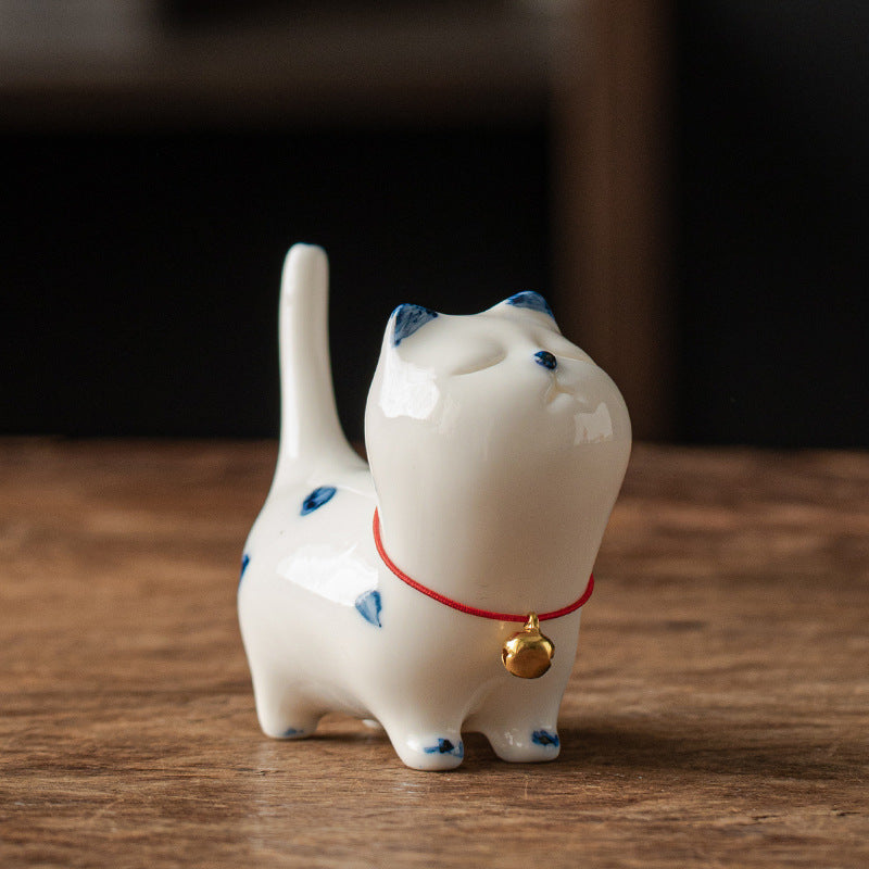 Buddha Stones Mini Lucky White Cat Kitten Tea Pet Ceramic Home Desk Figurine Decoration - White Kitten(Bell Style) 8.9cm*3.7cm*7.6cm - image 1