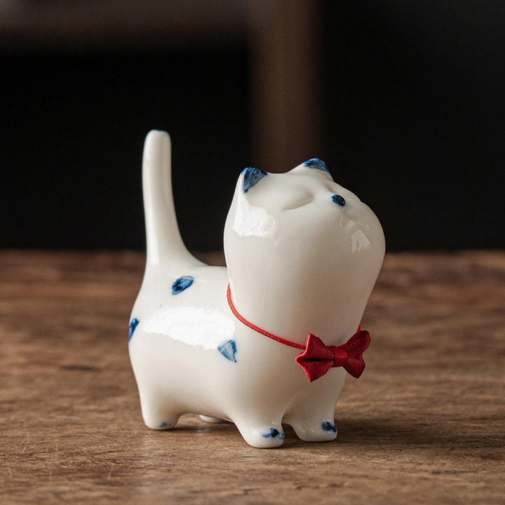 Buddha Stones Mini Lucky White Cat Kitten Tea Pet Ceramic Home Desk Figurine Decoration - White Kitten(Red Bow Style) 8.9cm*3.7cm*7.6cm - image 14