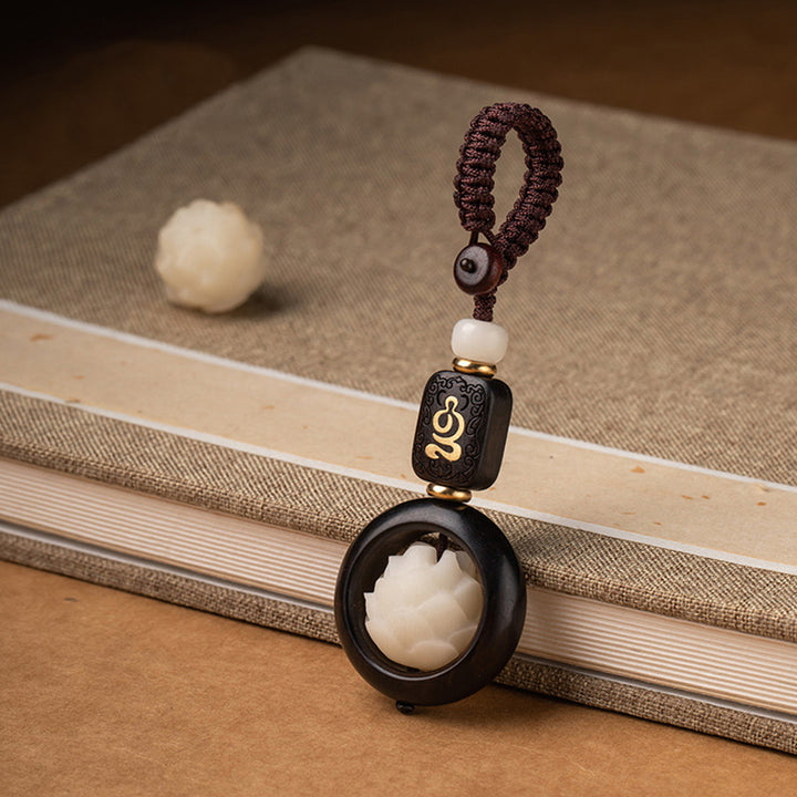 Buddha Stones Ebony Wood Bodhi Seed Lotus Enlightenment Key Chain Decoration