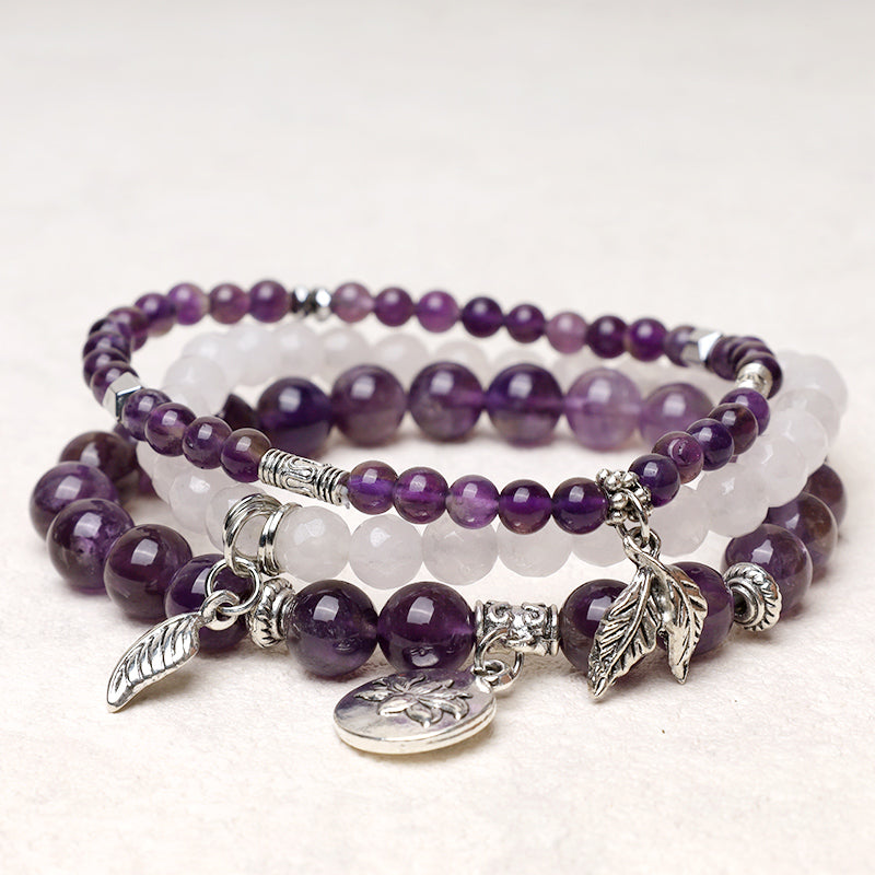 Buddha Stones 3PCS Natural Quartz Crystal Beaded Healing Energy Lotus Bracelet - Amethyst - image 1