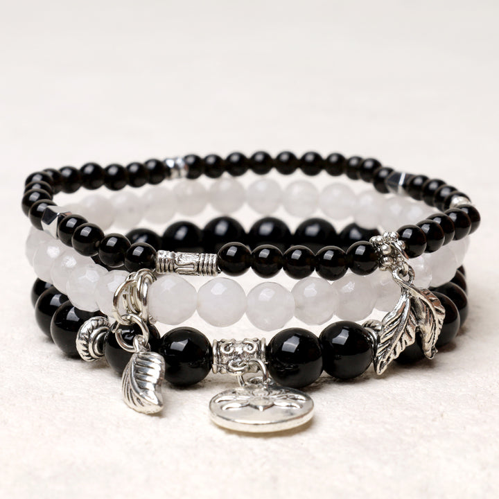 Buddha Stones 3PCS Natural Quartz Crystal Beaded Healing Energy Lotus Bracelet - Black Obsidian - image 8