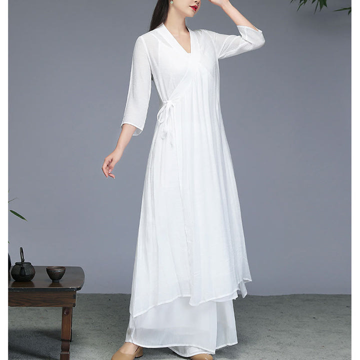 Buddha Stones Hanfu Style Midi Dress Wide Leg Pants Meditation Zen Practice Yoga Dance Clothing - image 7