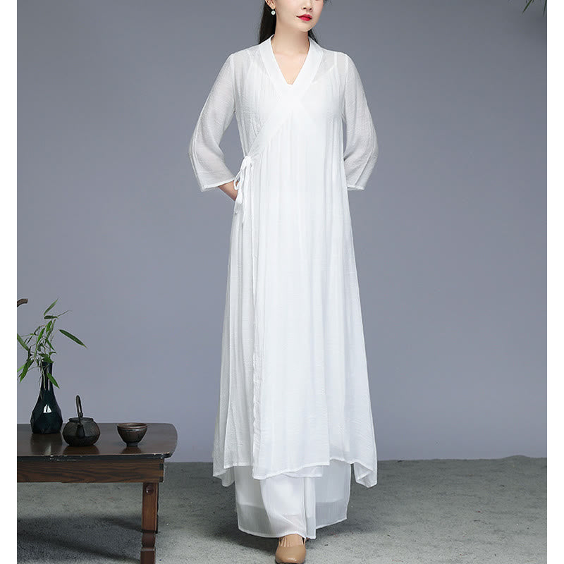 Buddha Stones Hanfu Style Midi Dress Wide Leg Pants Meditation Zen Practice Yoga Dance Clothing - image 5