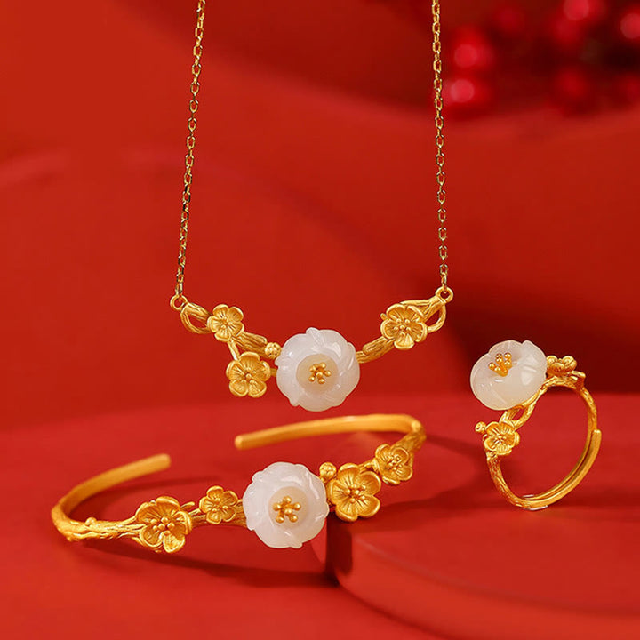 Buddha Stones 925 Sterling Silver Plated Gold Hetian Jade  Plum Blossom Luck Necklace Pendant Bracelet Bangle Ring - 3Pcs(Bracelet Necklace&Ring) - image 0