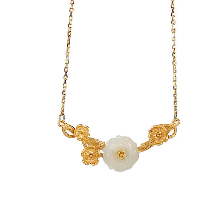 Buddha Stones 925 Sterling Silver Plated Gold Hetian Jade  Plum Blossom Luck Necklace Pendant Bracelet Bangle Ring - image 6