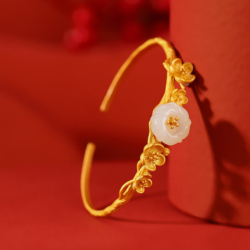Buddha Stones 925 Sterling Silver Plated Gold Hetian Jade  Plum Blossom Luck Necklace Pendant Bracelet Bangle Ring - image 8