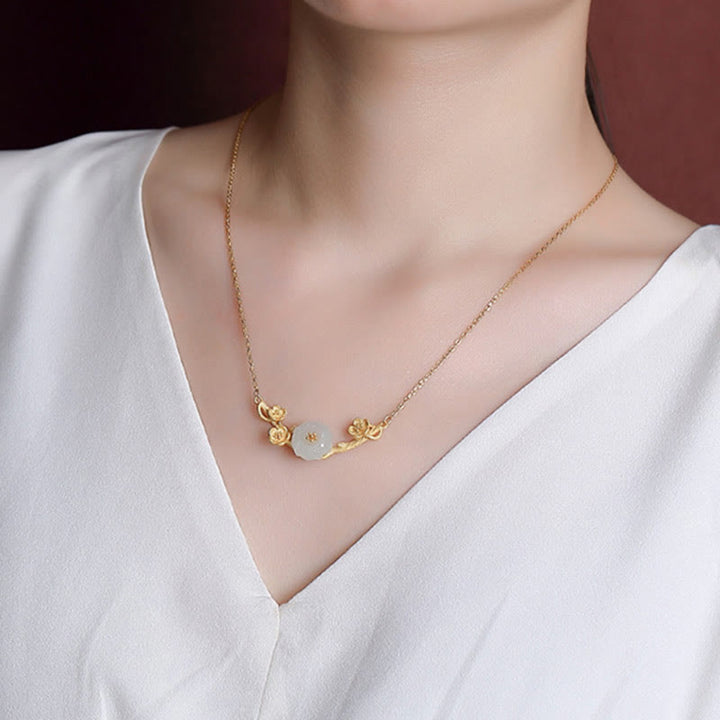 Buddha Stones 925 Sterling Silver Plated Gold Hetian Jade  Plum Blossom Luck Necklace Pendant Bracelet Bangle Ring - image 5