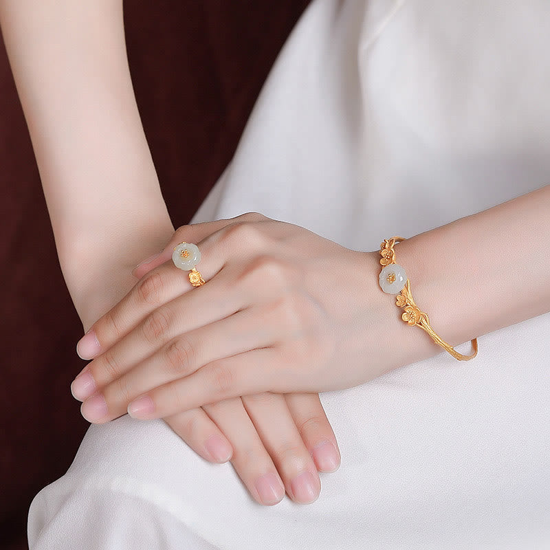 Buddha Stones 925 Sterling Silver Plated Gold Hetian Jade  Plum Blossom Luck Necklace Pendant Bracelet Bangle Ring - image 15
