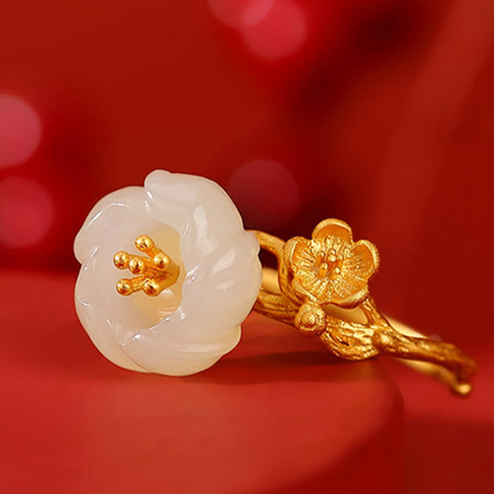 Buddha Stones 925 Sterling Silver Plated Gold Hetian Jade  Plum Blossom Luck Necklace Pendant Bracelet Bangle Ring - image 14