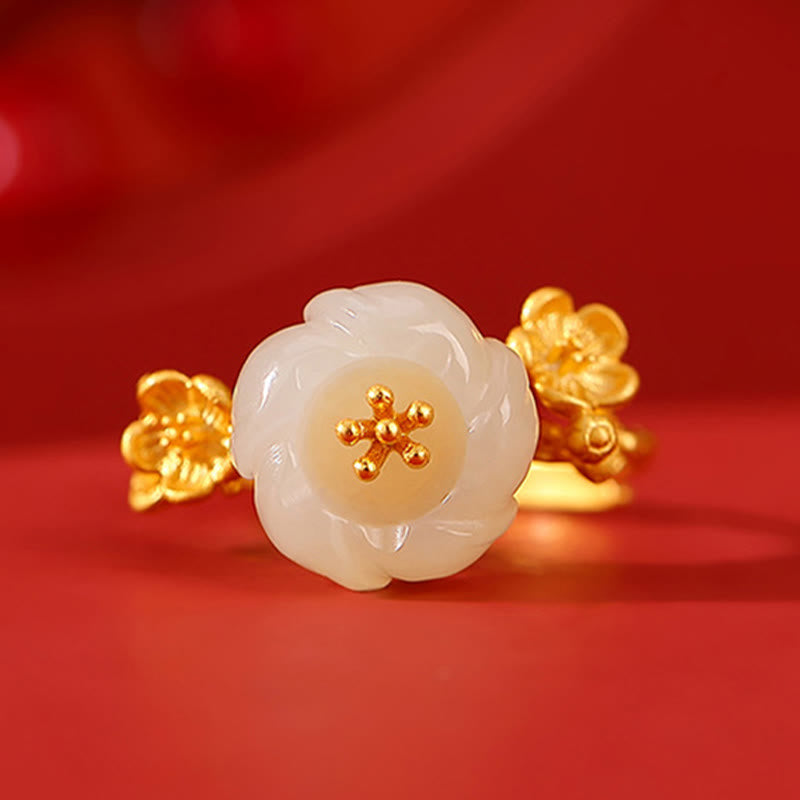 Buddha Stones 925 Sterling Silver Plated Gold Hetian Jade  Plum Blossom Luck Necklace Pendant Bracelet Bangle Ring - image 13