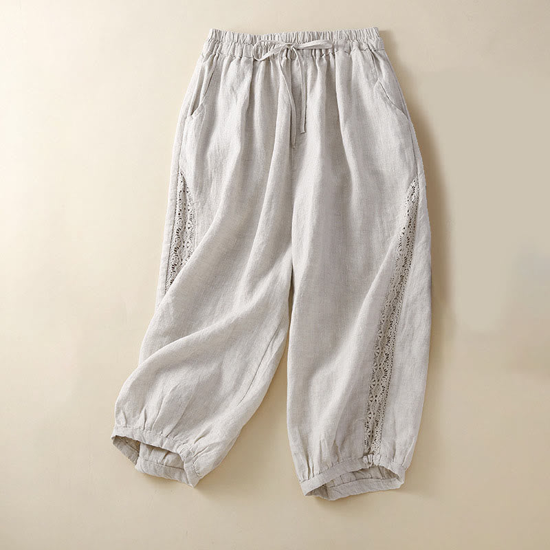 Buddha Stones Solid Color Flower Loose Drawstring Harem Pants With Pockets - Beige - US8-10,UK/AU12-14,EU40-42 (2XL) - image 1