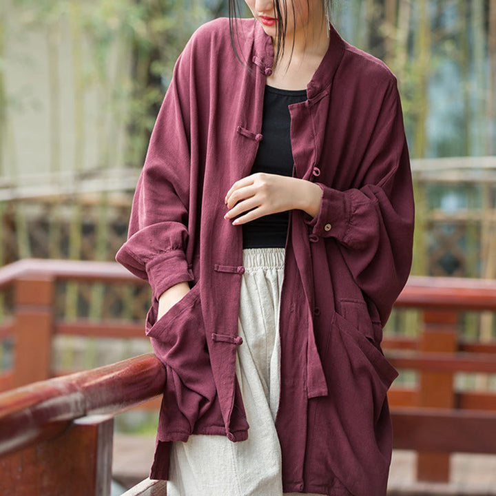 Buddha Stones Frog-Button Long Sleeve Zen Meditation Open Front Jacket With Pockets - Red,US4-14,UK/AU8-18,EU36-46 (F) - image 0