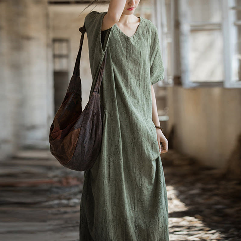 Buddha Stones Handmade Tie Dye V-Neck Midi Dress Linen Short Sleeve Dr   ca.buddhastoneshop.com
