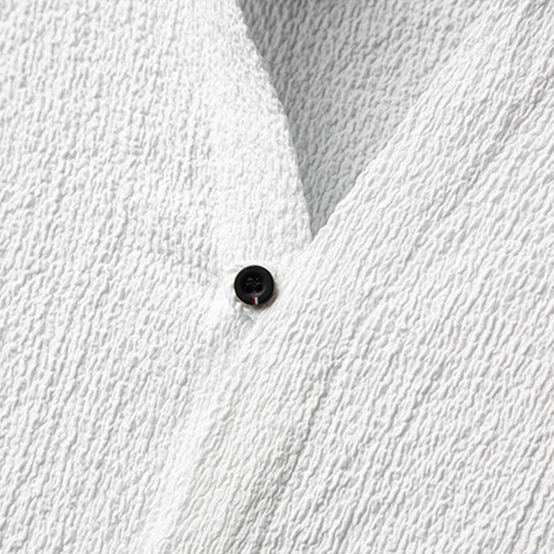 Buddha Stones 2Pcs Solid Color Texture Button Half Sleeve Shirt Pants Men's Set - image 5