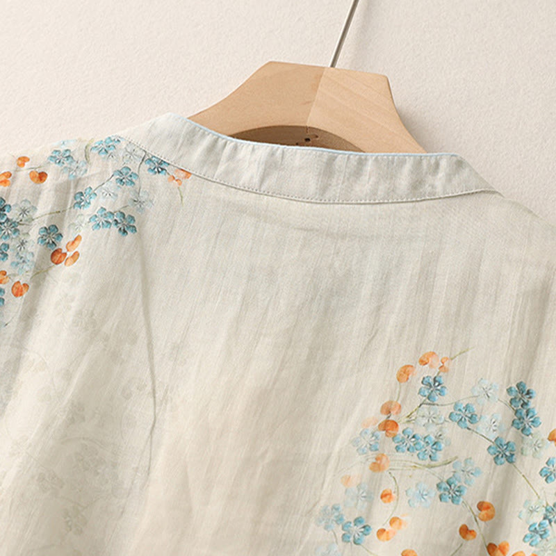 Buddha Stones Blue Flowers Orange Leaves Frog-Button Three Quarter Sleeve Cotton Linen Shirt - image 5