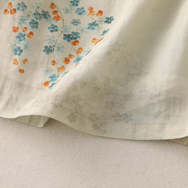 Buddha Stones Blue Flowers Orange Leaves Frog-Button Three Quarter Sleeve Cotton Linen Shirt - image 9